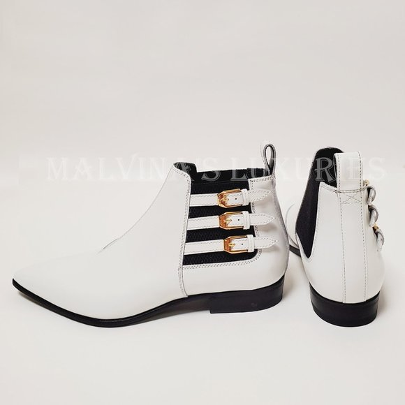 GUCCI BOOTS ANKLE QUEBEC 3 BUCKLE WHITE LEATHER POINTED TOE sz 37.5 7.5 - Picture 4 of 15